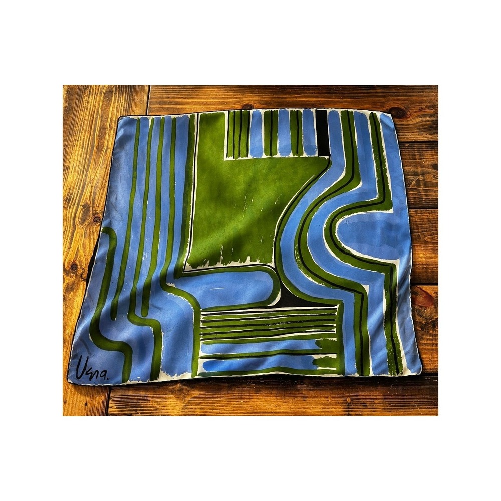Vintage Vera Neumann Abstract Geometric Blue Green Scarf 26x26 USA Wildrag